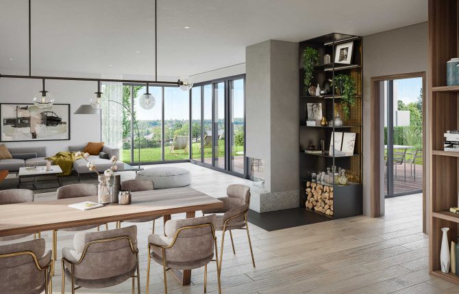 Elegantní jídelna v rezidenčním projektu Aura Statenice v lokalitě Statenice