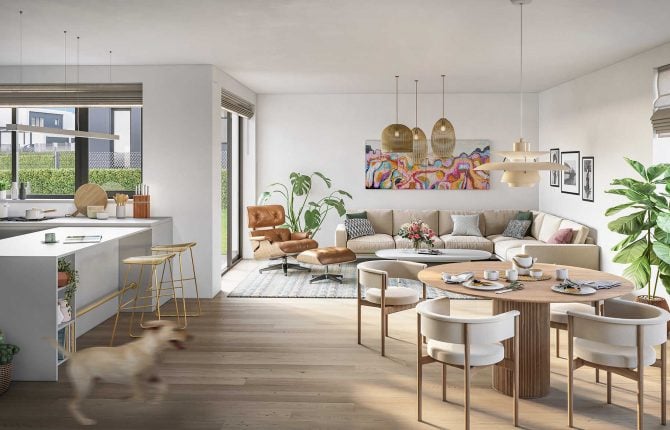 Stylový kuchynský bar a jídelna v rezidenčním projektu Aura Statenice v lokalitě Statenice