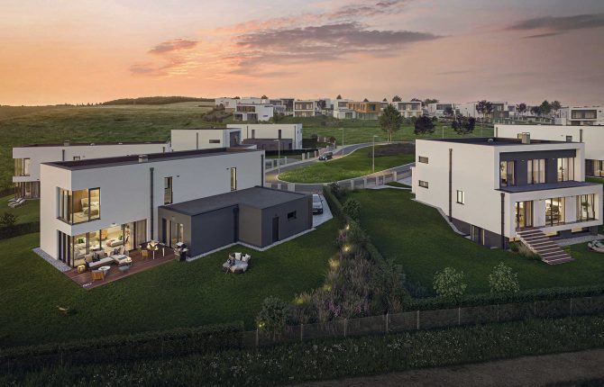 Poutavý pohled na čtvrť v rezidenčním projektu Aura Statenice v lokalitě Statenice