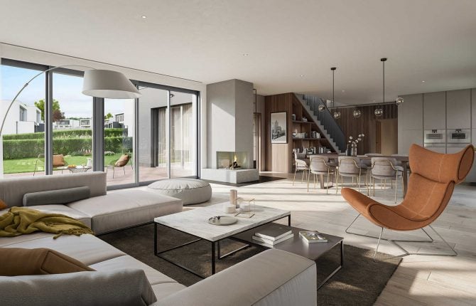 Prostorný luxusní obývací pokoj v rezidenčním projektu Aura Statenice v lokalitě Statenice