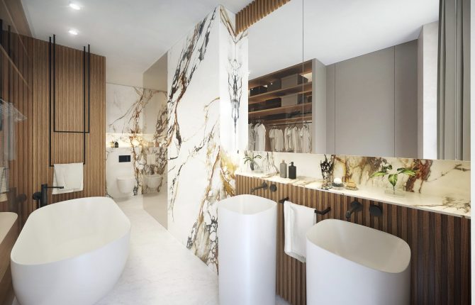 Prozkoumejte designovou koupelnu v rezidenčním projektu Linea Pura v Holešovicích