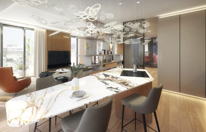 Ochutnejte jídlo v prostorné jídelně v rezidenčním projektu Linea Pura v Holešovicích