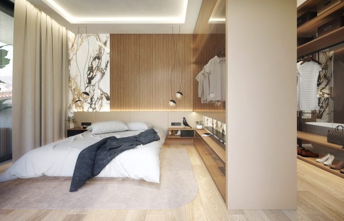 Obdivujte ložnici s šatnou v rezidenčním projektu Linea Pura v Holešovicích