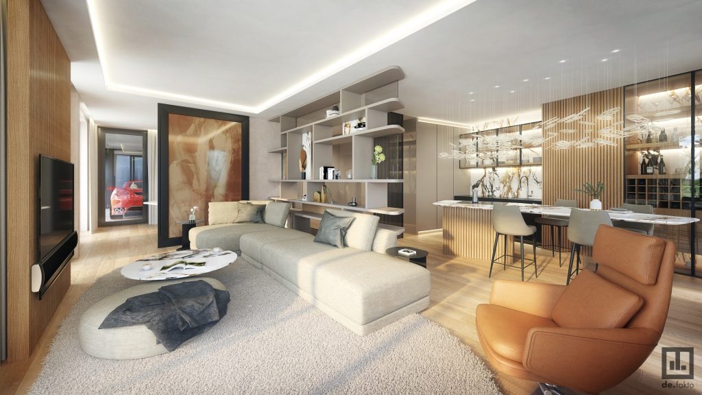 Užijte si moderní obývací pokoj s atmosférou v rezidenčním projektu Linea Pura v Holešovicích