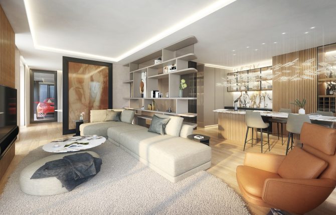 Užijte si moderní obývací pokoj s atmosférou v rezidenčním projektu Linea Pura v Holešovicích