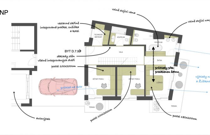 Další plánek bytu v rezidenčním projektu Linea Pura v Holešovicích