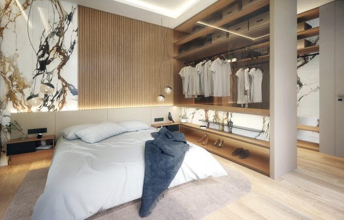 Relaxujte ve útulné ložnici v rezidenčním projektu Linea Pura v Holešovicích