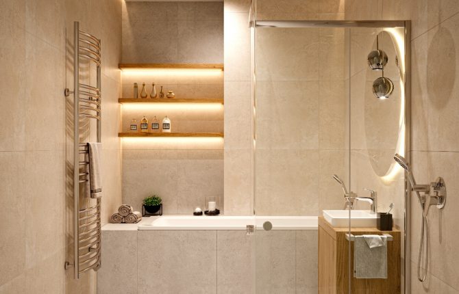 Moderní designová koupelna v rezidenčním projektu Rodinné domy Ruzyně v lokalitě Ruzyně