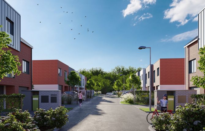 Poutavý pohled na domy z ulice v rezidenčním projektu Rodinné domy Ruzyně v lokalitě Ruzyně