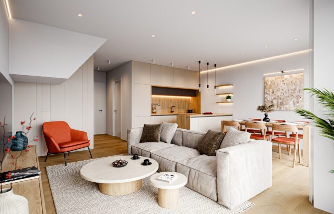 Prostorný obývací pokoj v rezidenčním projektu Rodinné domy Ruzyně v lokalitě Ruzyně