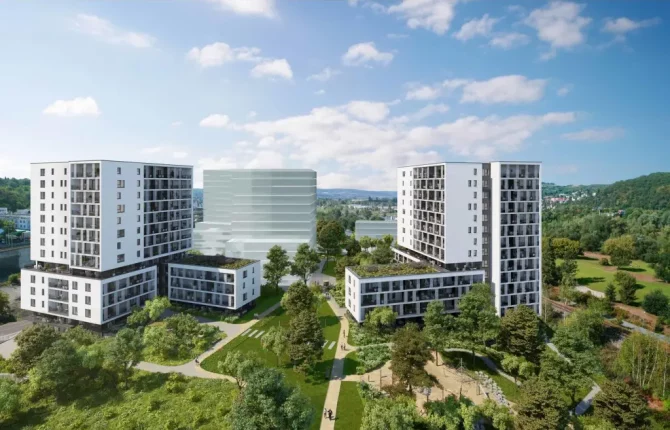Pohled na moderní rezidenční budovy Zahálka v Modřanech
