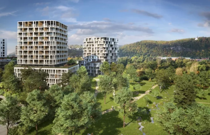 Překrásný výhled na okolní park v rezidenčním projektu Zahálka