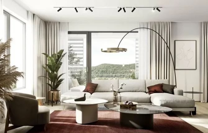 Prostorný obývací pokoj v nových bytech Zahálka v Modřanech