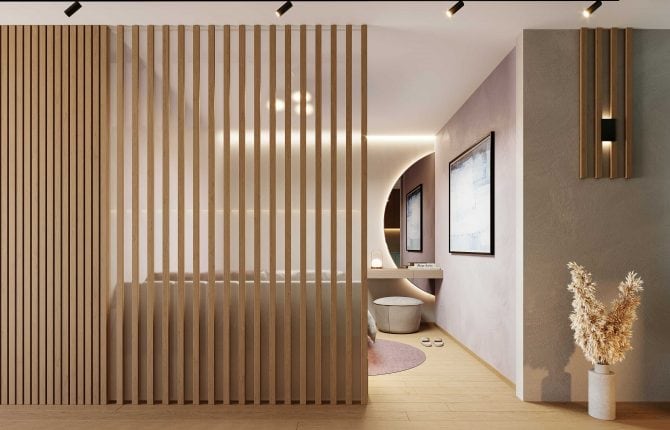 Pohled z chodby na útulnou ložnici