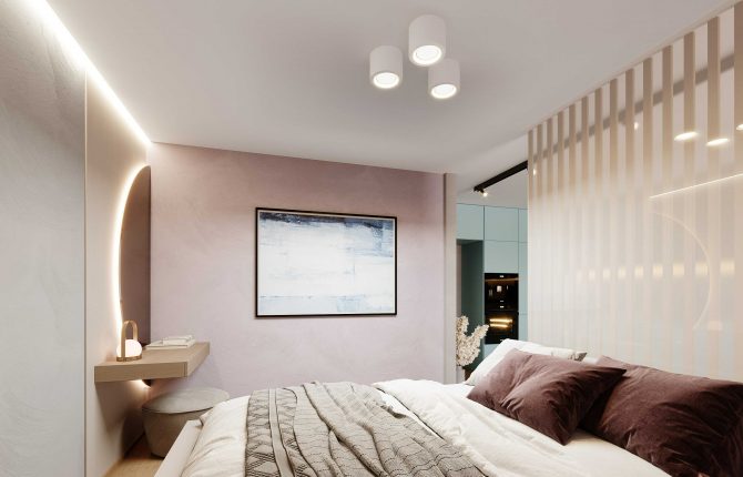 Ložnice ve fialových tónech v rezidenčním projektu Zelené Kaskády v lokalitě Hostavice
