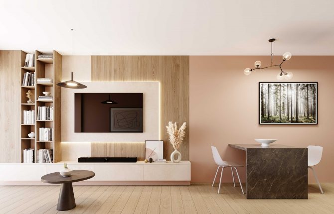 Moderní obývací pokoj s jídelnou v rezidenčním projektu Zelené Kaskády v lokalitě Hostavice