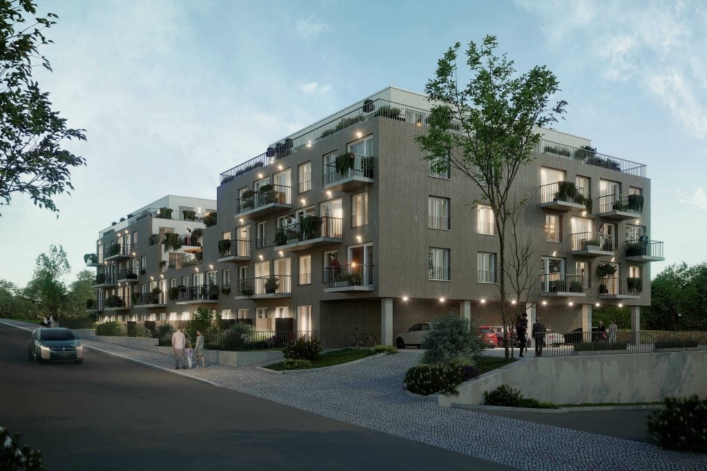 Pohled na budovu z boční strany v rezidenčním projektu Zelené Kaskády v lokalitě Hostavice