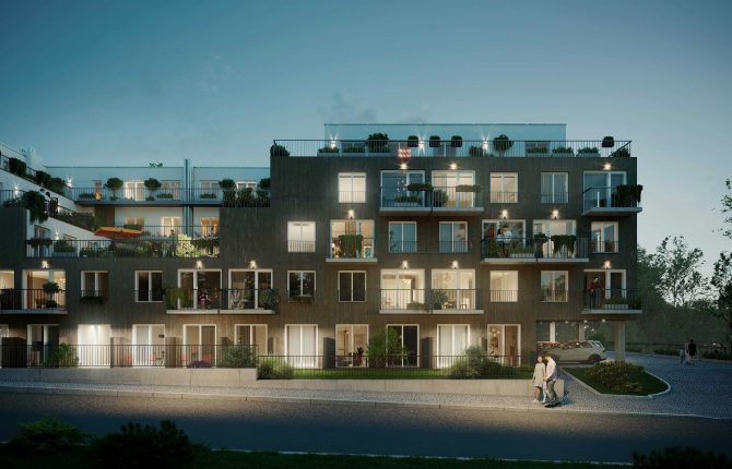 Pohled na budovu z přední strany v rezidenčním projektu Zelené Kaskády v lokalitě Hostavice