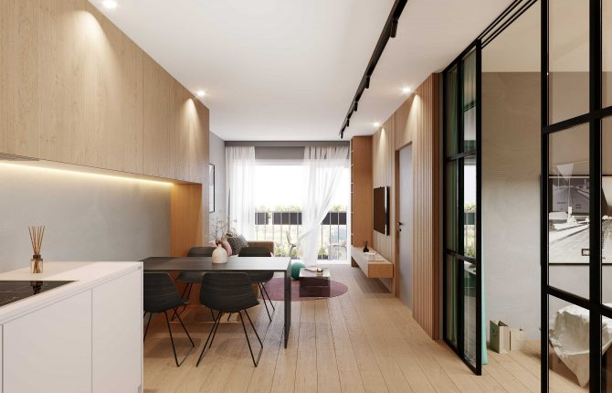 Pohled na interiér v rezidenčním projektu Zelené Kaskády v lokalitě Hostavice