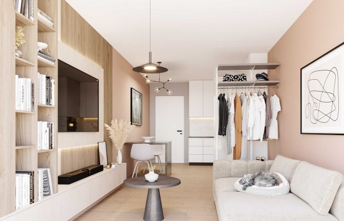 Světlý a útulný obývací pokoj v rezidenčním projektu Zelené Kaskády v lokalitě Hostavice