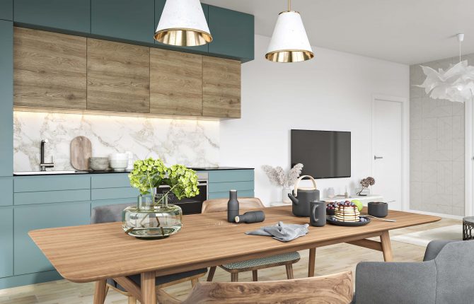 Kuchyňská linka s jídelnou v rezidenčním projektu Lappi Hloubětín ve Vysočanech