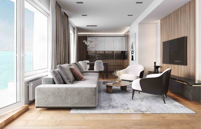 Moderní obývací pokoj s kuchyní v rezidenčním projektu Lappi Hloubětín ve Vysočanech