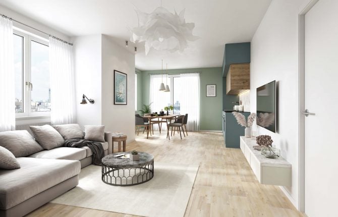 Obývací pokoj s jídelním koutem v rezidenčním projektu Lappi Hloubětín ve Vysočanech