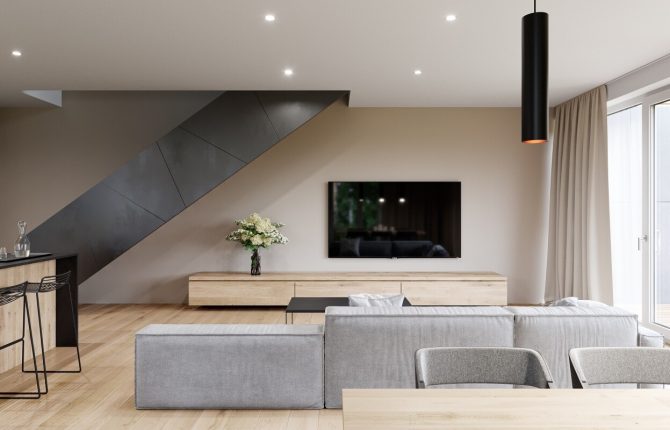 Moderní obývací pokoj v rezidenčním projektu Villa Resort Beroun v Berouně