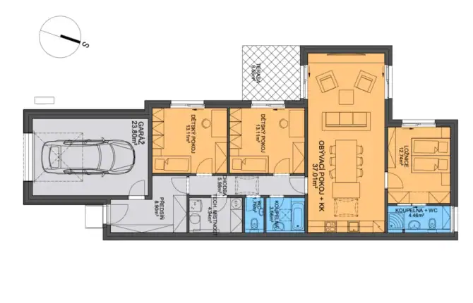 Půdorys bungalovu 4+kk s garáží