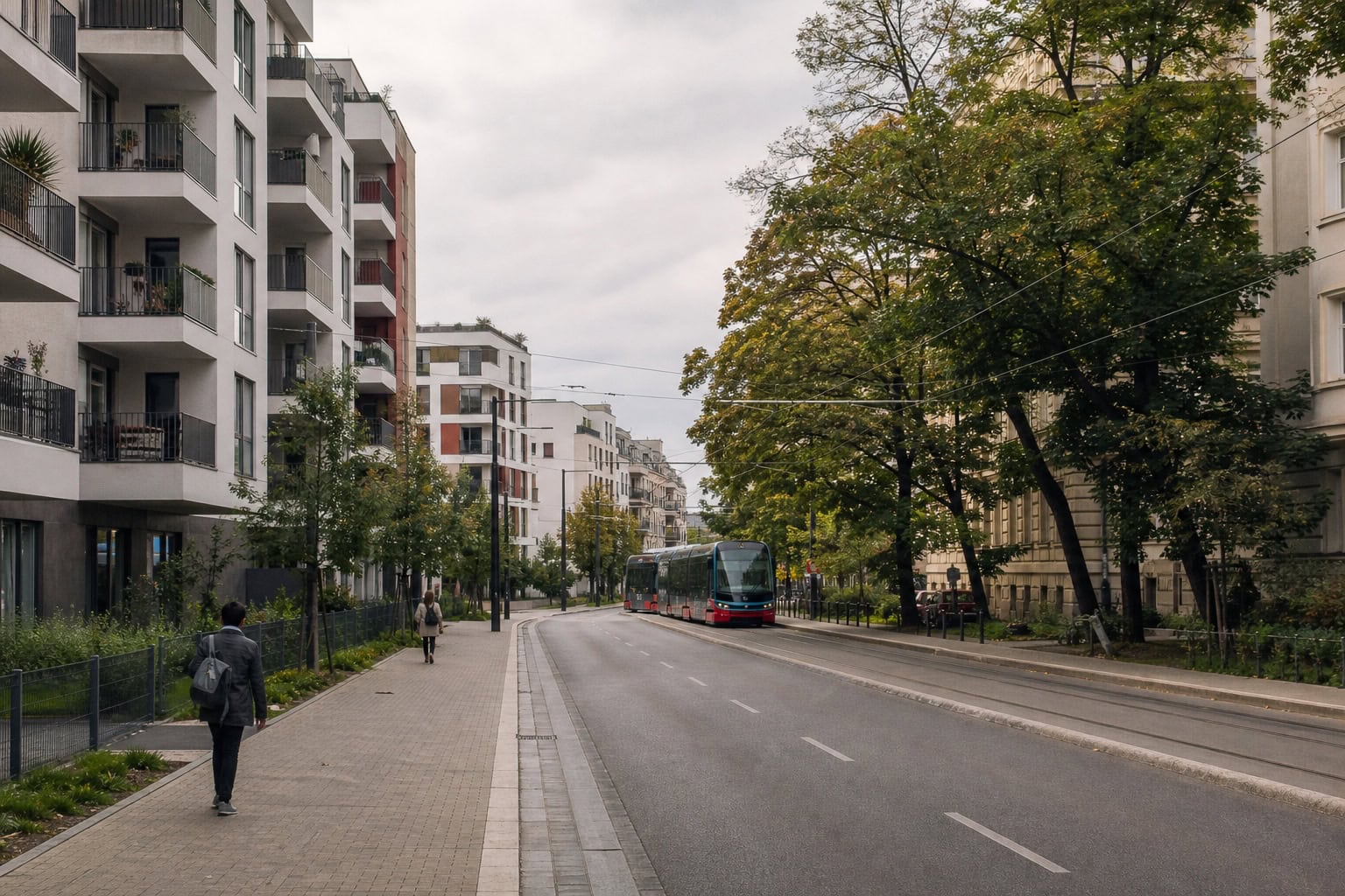 Městská rezidenční ulice s bytovými domy, stromy, službami, cyklistickou infrastrukturou a tramvají.